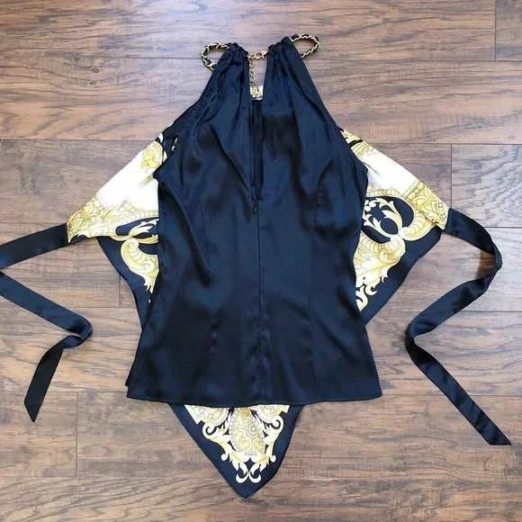 Cache • vintage silk scarf top halter neck chain black white gold versace - Picture 8 of 12